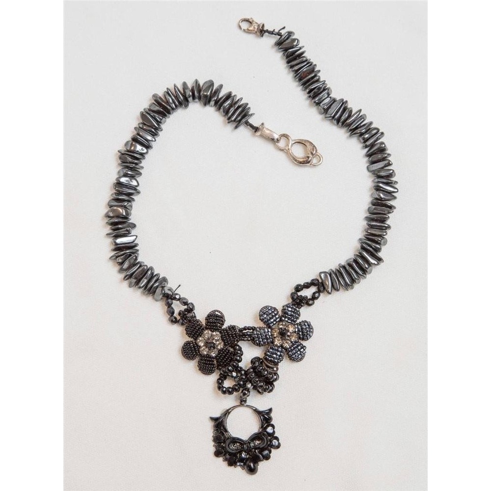 Vintage Hematite Bead Necklace Silver Clasp Floral Beaded Accents Grey Black